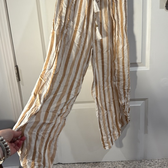 Blue island Striped Tan strapless Jumpsuit with side slit legs - Picture 2 of 3